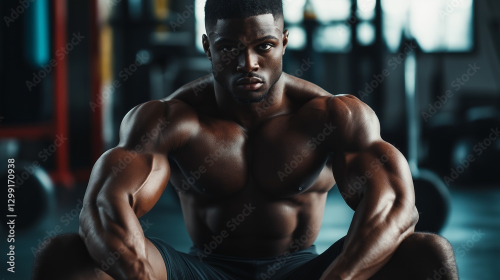 Fototapeta premium A focused athlete sits on the gym floor, displaying impressive muscles, as sunlight filters through the windows, creating an inspiring atmosphere of hard work and dedication