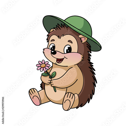 Cute Hedgehog Wearing Green Hat Holding a Pink Flower Vector Illustration