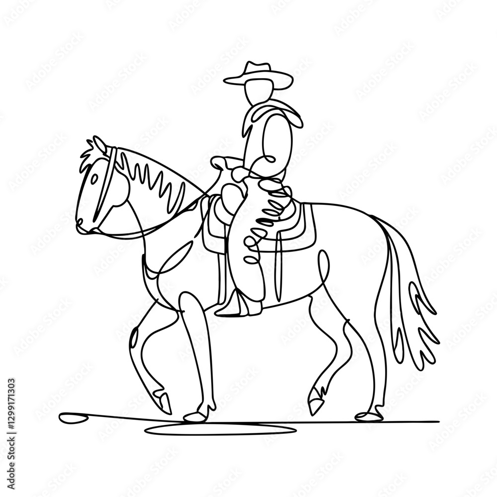 Fototapeta premium Line Art Cowboy Riding Horse Western Adventure Vector Illustration