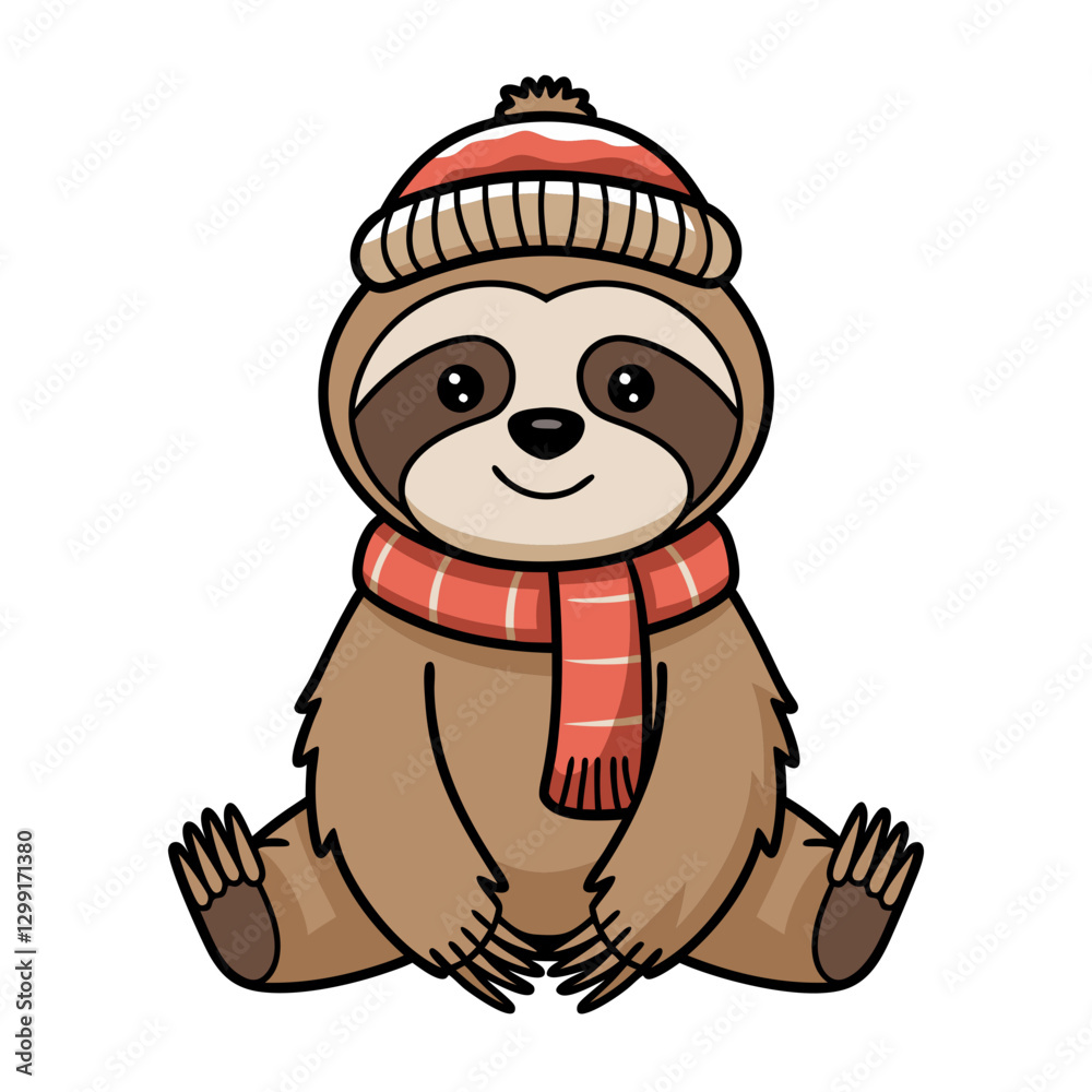 Fototapeta premium Cute Sloth Wearing Winter Hat and Scarf Cartoon Vector Illustration