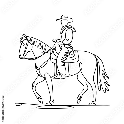 Line Art Cowboy Riding Horse Western Adventure Vector Illustration