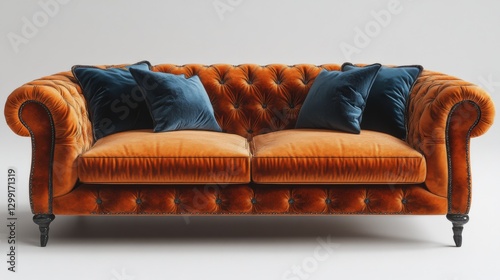 Wallpaper Mural Elegant orange tufted sofa with blue velvet pillows against a minimalist backdrop Torontodigital.ca