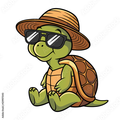 Cartoon Turtle with Sunglasses and Straw Hat Summer Vacation Vector Art