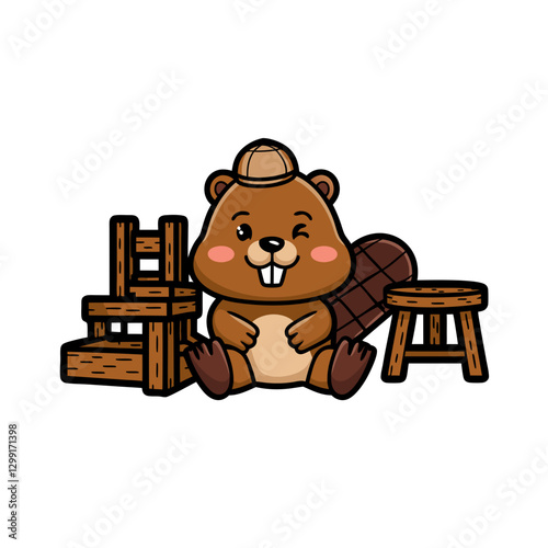 Cute Beaver Cartoon Builder with Hard Hat and Wood Furniture Vector Illustration