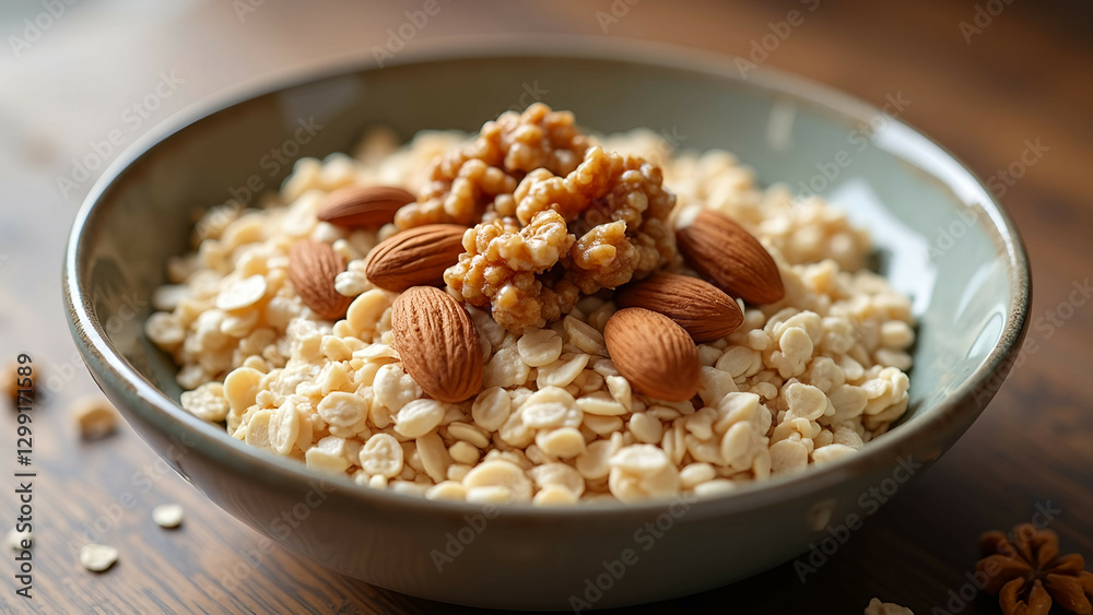 healthy oatmeal breakfast bowl - almonds and walnuts healthy oatmeal breakfast bowl - almonds and walnuts