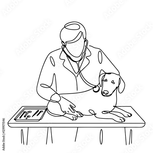 Veterinarian Examining Dog One Line Art Vector Illustration