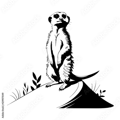 Detailed Meerkat Silhouette Vector on Stone with Plants in Nature Scene