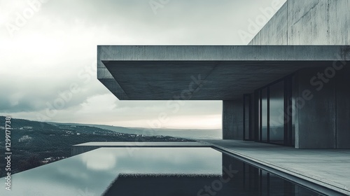 Modern concrete house with pool overlooking a valley landscape