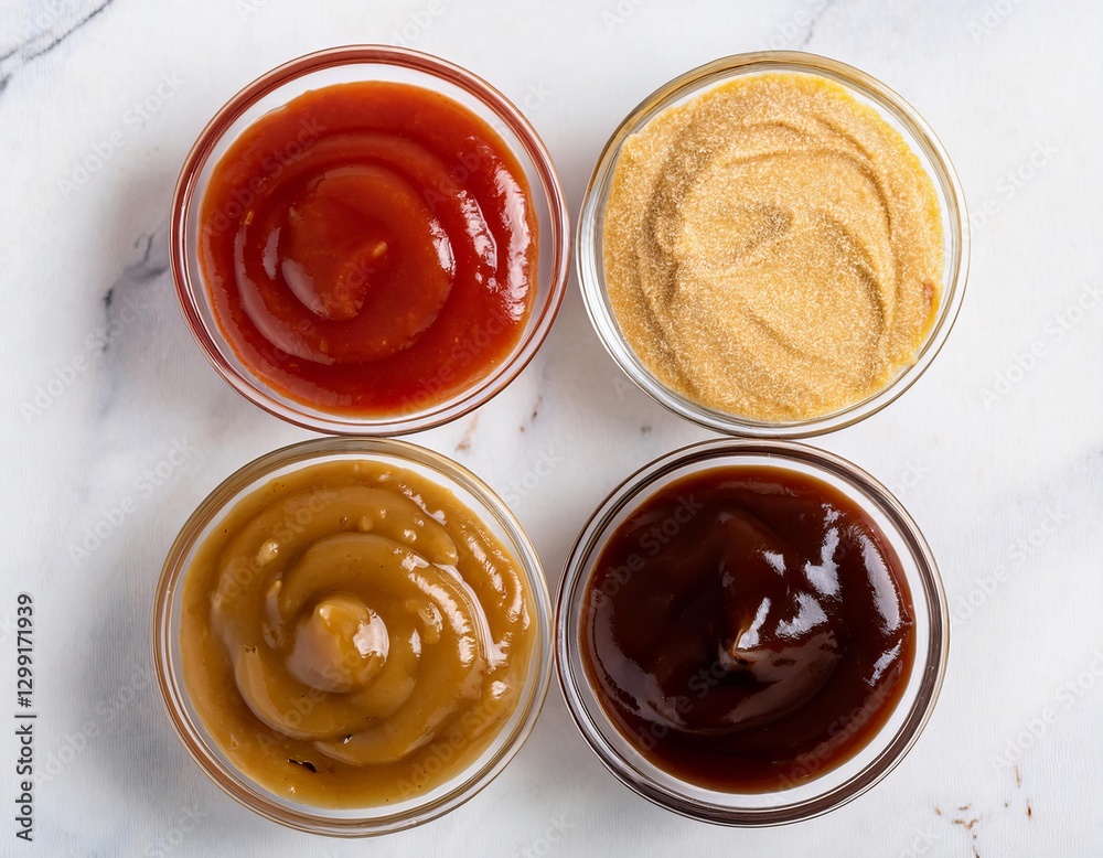 Four different sauces in glass bowls on marble background Four different sauces in glass bowls on marble background