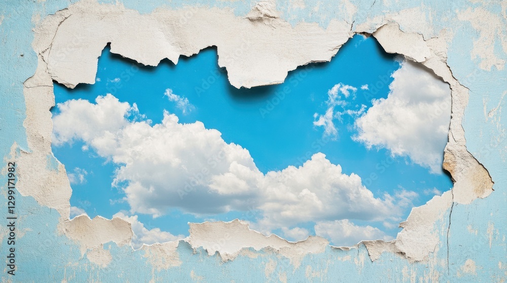 Obraz premium Torn wall revealing blue sky and fluffy clouds concepts of freedom and escape