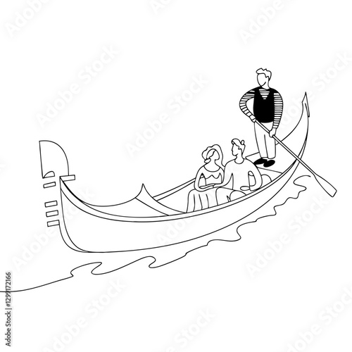 Vector Illustration Romantic Gondola Ride with Gondolier and Couple Exploring Venice