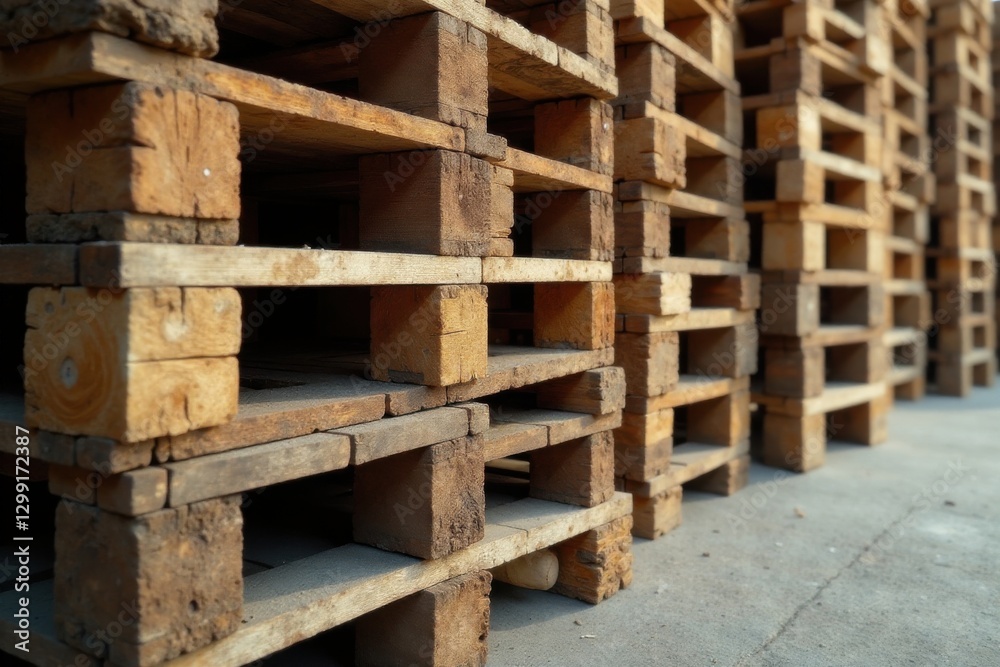 A Stack of Weathered Wooden Pallets in a Row, Showing the Detailed Texture and Construction of the Wood A Stack of Weathered Wooden Pallets in a Row, Showing the Detailed Texture and Construction of the Wood