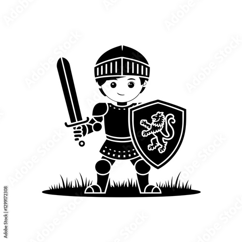 Medieval Cartoon Knight Holding Sword and Shield Vector Illustration