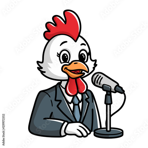 Cartoon Chicken Broadcaster in Suit Behind Microphone Vector Illustration