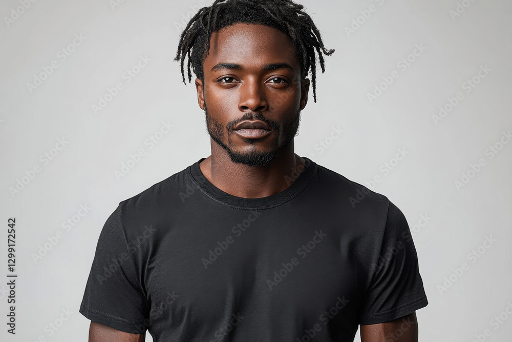 Fototapeta premium Man with dreadlocks poses confidently in a plain black t-shirt against a neutral background