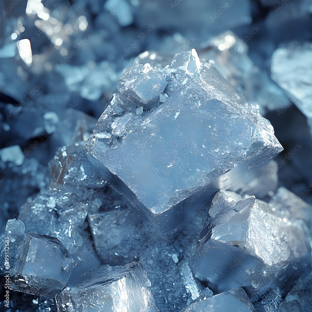 Obraz premium High-detail close-up of pure lithium metal with a textured crystalline surface, glowing under atmospheric light. Ideal for science, technology, battery production, and futuristic design projects.