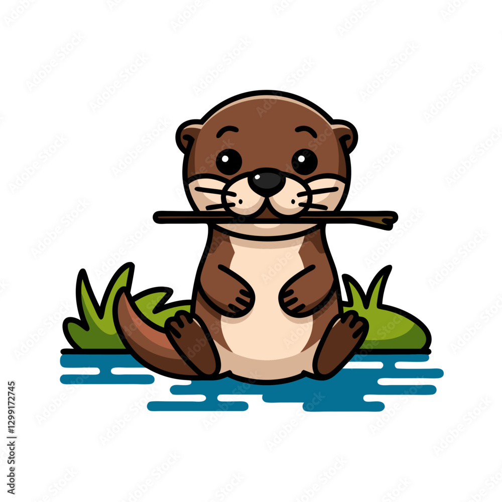 Cute Cartoon Otter Sitting with Stick by Water in Nature Vector Illustration Cute Cartoon Otter Sitting with Stick by Water in Nature Vector Illustration