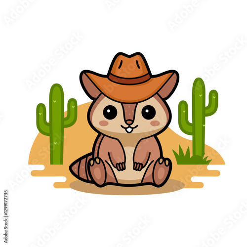 Cute Armadillo Cowboy Wearing Hat in Desert with Cacti Vector Illustration