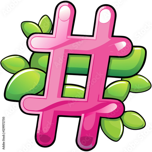 Colorful Pink Hashtag with Green Leaves Vector Illustration photo