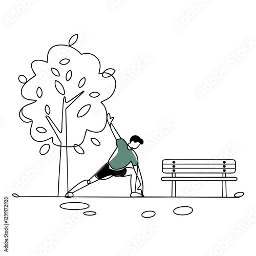 Outdoor Fitness Yoga Stretching by Park Bench and Tree Vector Illustration