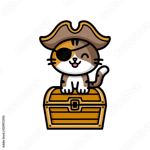 Pirate Cat Vector Cartoon with Eye Patch and Treasure Chest