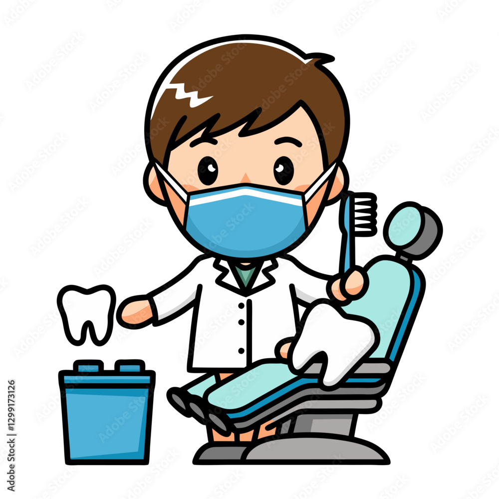 Cartoon Dentist with Mask and Tools in Dental Office Vector Illustration Cartoon Dentist with Mask and Tools in Dental Office Vector Illustration