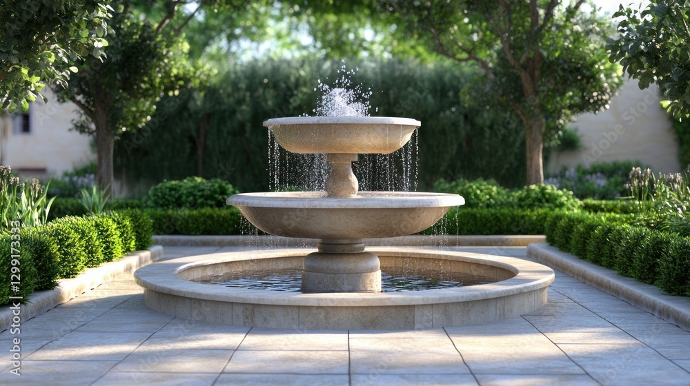 custom made wallpaper toronto digitalElegant stone fountain in a sunlit garden courtyard