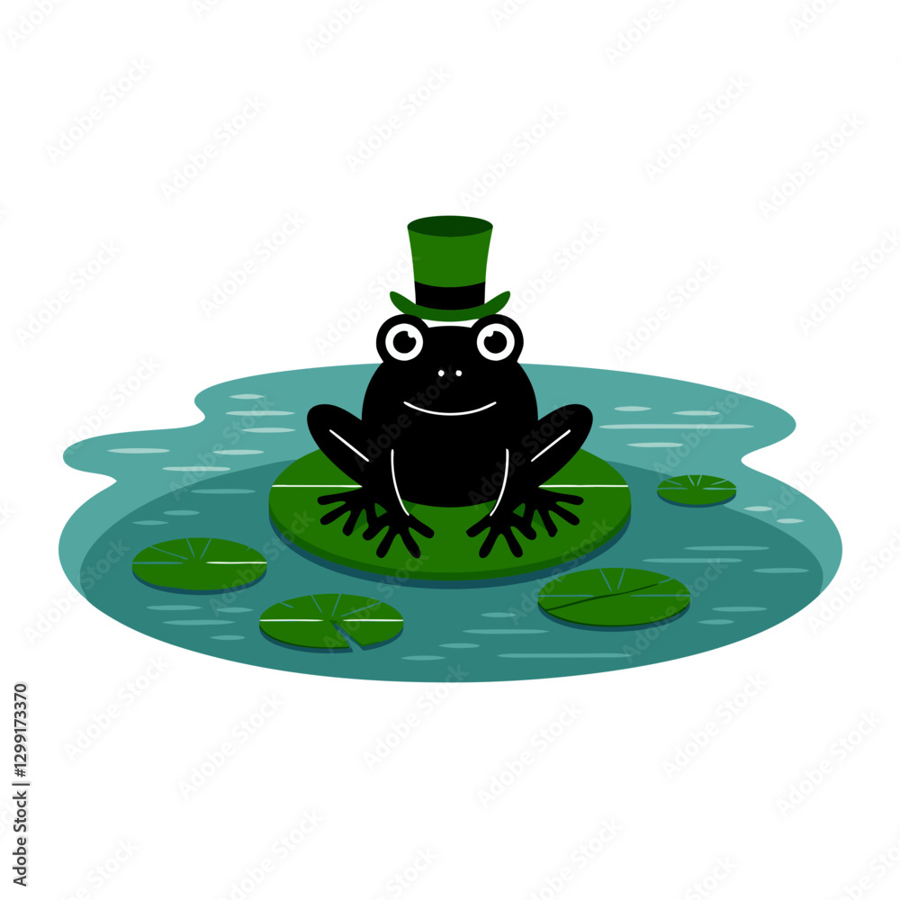 Obraz premium Cartoon Frog Wearing Top Hat Sitting on Lily Pad in Pond Vector