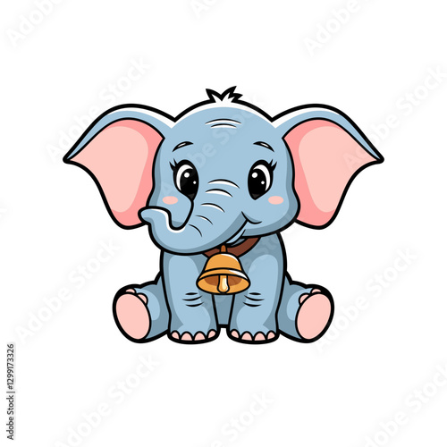 Cute Cartoon Baby Elephant with Pink Ears and Bell Vector for Kids Decor