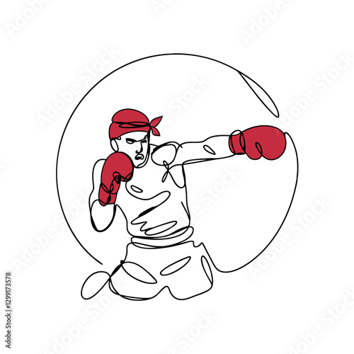 Boxing Fighter Line Art with Red Gloves in Dynamic Punch Motion