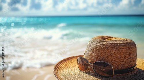 A wide-brimmed straw hat rests on the warm, golden sand of a sunlit beach, accompanied by stylish sunglasses. Gentle waves lap at the shore, creating a serene summer vibe.