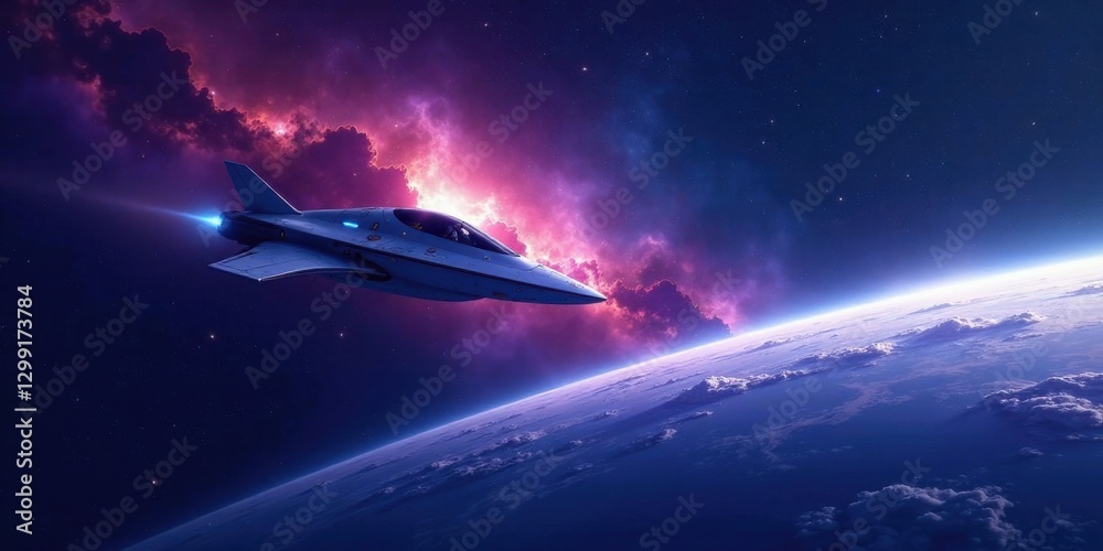 A Futuristic Spaceship Soaring Through a Cosmic Nebula Above a Planet's Atmosphere