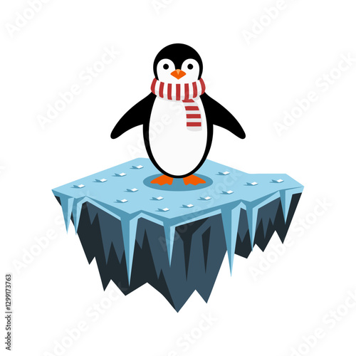 Cute Penguin in Scarf on Iceberg Cartoon Vector for Winter and Holiday Designs