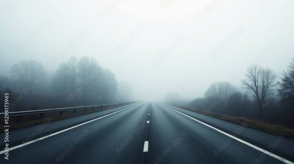 Fototapeta premium A misty highway disappears into the fog, shrouded trees lining the path ahead