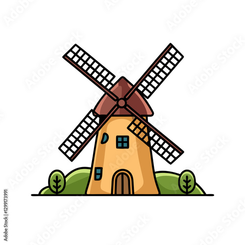 Rustic Windmill Vector Illustration with Greenery and Blue Sky Background