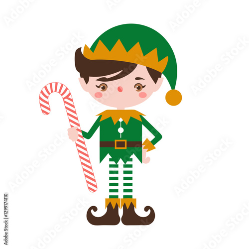 Christmas Elf Holding Candy Cane Vector Illustration for Holiday Designs