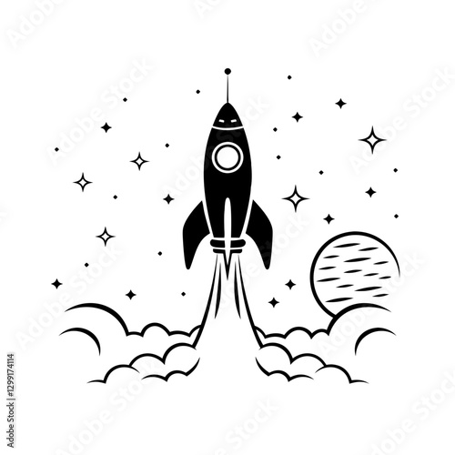 Rocket Launching Through Starry Night Sky Vector Art