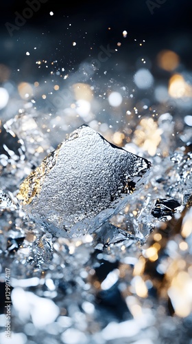 High-detail close-up of pure lithium metal with a textured crystalline surface, glowing under atmospheric light. Ideal for science, technology, battery production, and futuristic design projects.