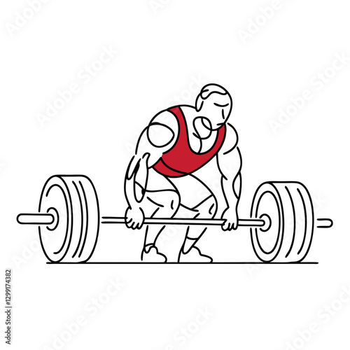 Vector Illustration of Weightlifter Performing Deadlift with Heavy Barbell in Red Singlet