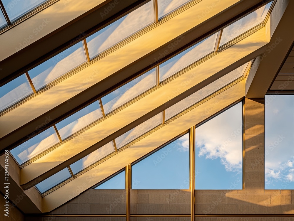 Obraz premium A large skylight with golden metal beams, letting in natural sunlight while maintaining an elegant atmosphere
