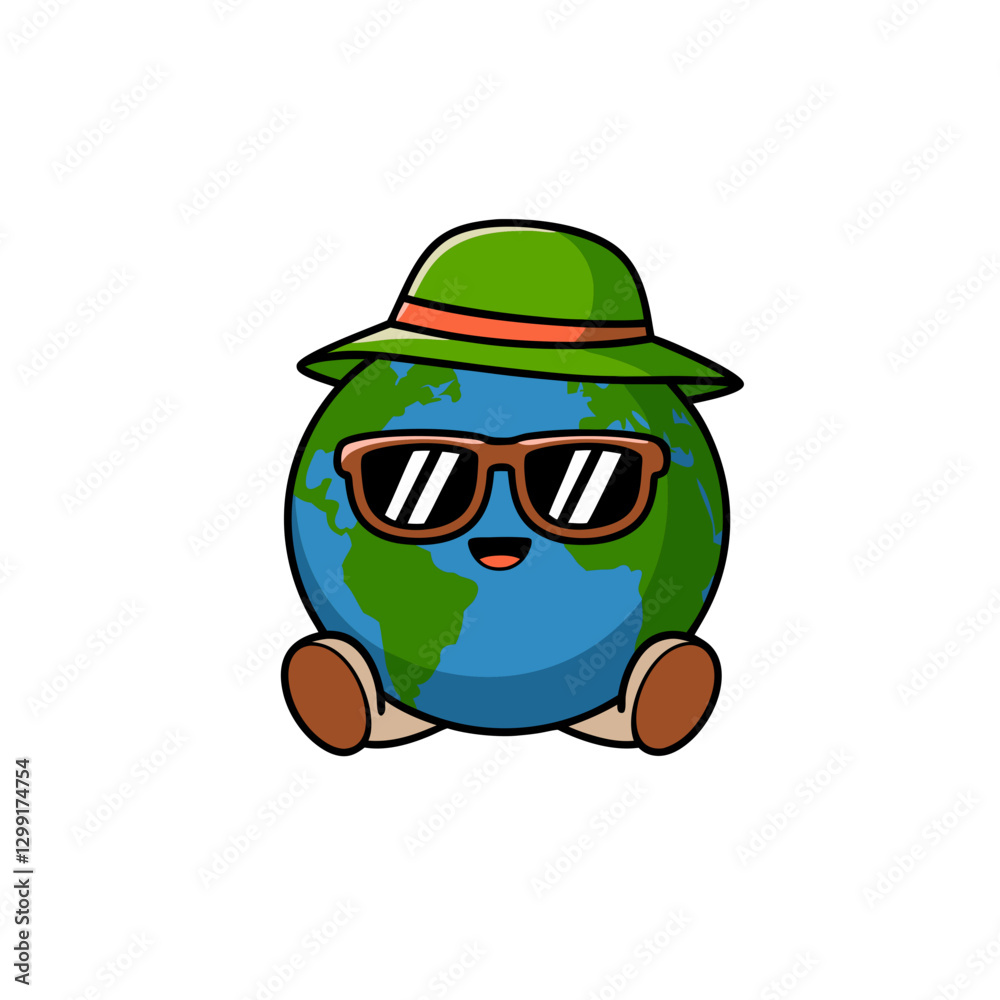 Fototapeta premium Cute Earth Globe Cartoon with Sunglasses and Hat Vector Illustration