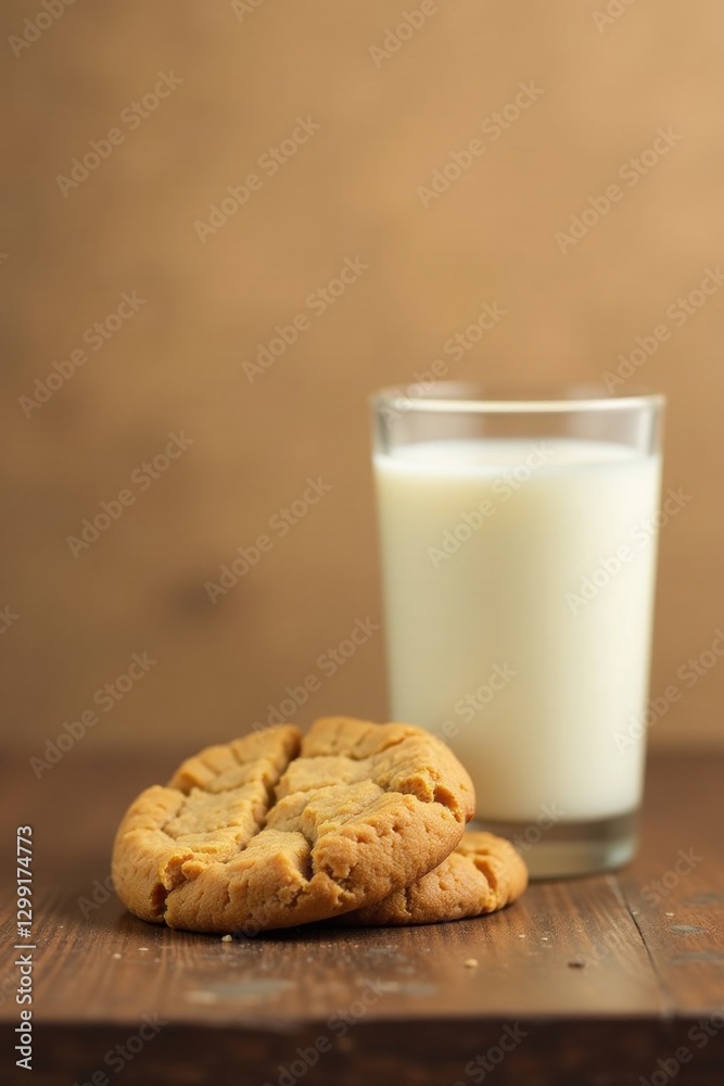 Sweet peanut butter cookies and a glass of refreshing milk, a simple yet satisfying treat on a rustic wooden surface Sweet peanut butter cookies and a glass of refreshing milk, a simple yet satisfying treat on a rustic wooden surface