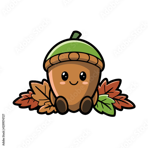 Cute Kawaii Acorn Character with Autumn Leaves Vector Art for Seasonal Designs