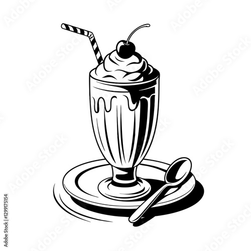 Vintage Ice Cream Sundae With Straw and Cherry Illustration