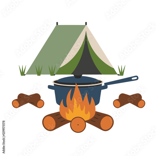 Camping Adventure Vector Tent Campfire Cookware Outdoor Illustration