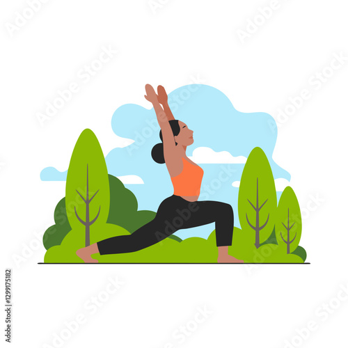 Woman Practicing Yoga in Nature Vector Illustration with Lush Green Scenery