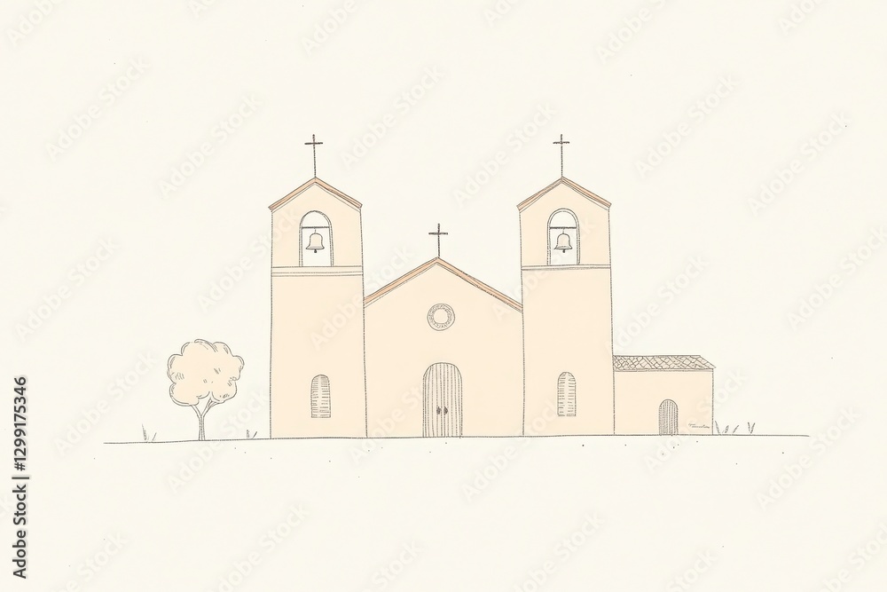 Fototapeta premium Simple Beige Church Illustration Minimalist Architecture Drawing