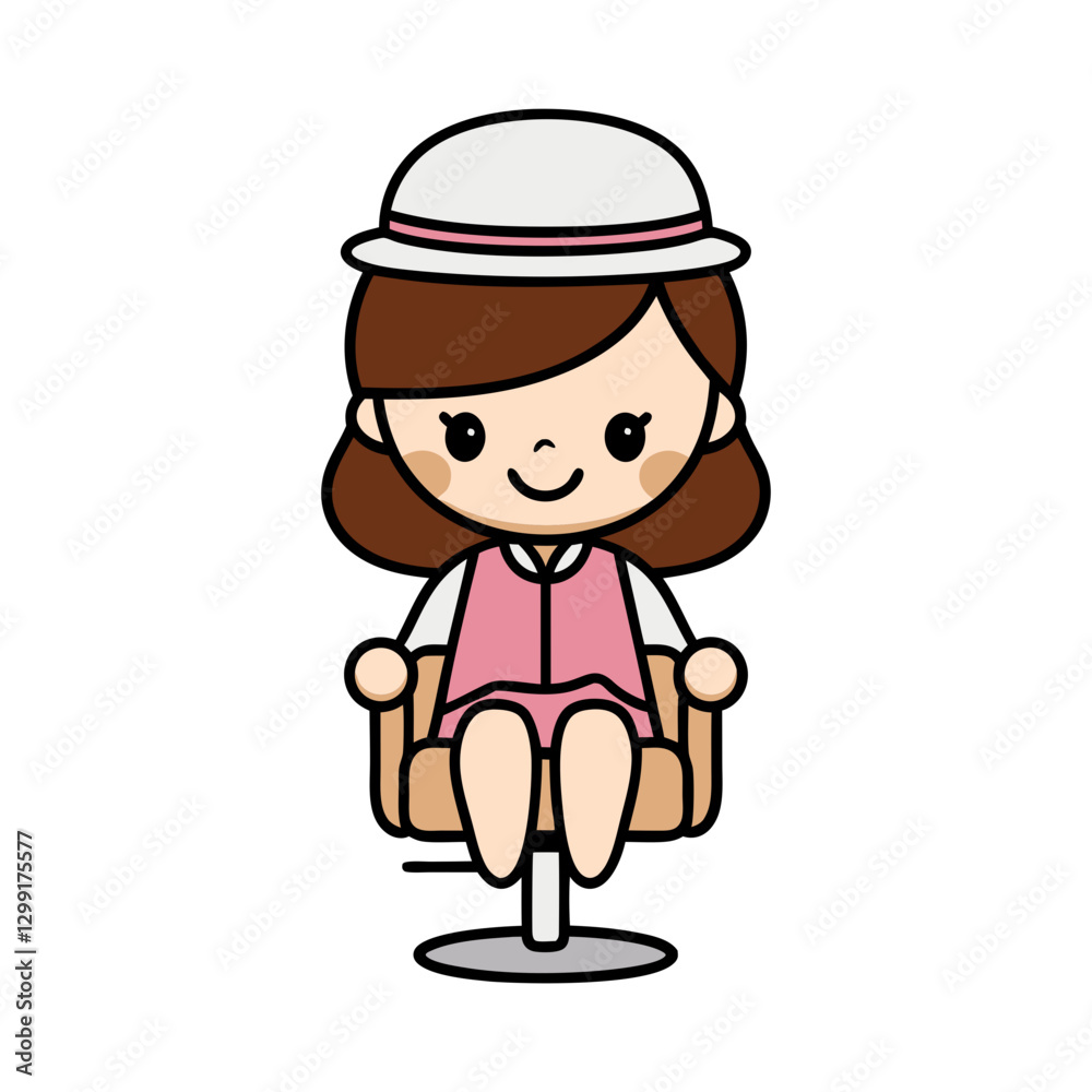 Cute Cartoon Girl with Hat Sitting on Chair Children's Illustration Cute Cartoon Girl with Hat Sitting on Chair Children's Illustration