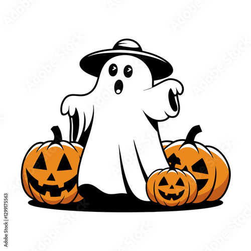 Halloween Ghost with Witch Hat Surrounded by Carved Pumpkins Vector Illustration