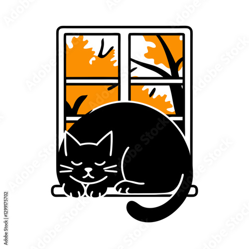 Sleeping Black Cat on Windowsill with Autumn Tree Silhouette and Orange Leaves Background